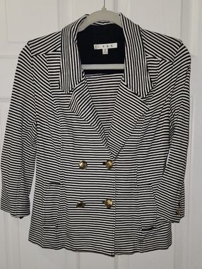 CAbi Black & White Striped Double-Breasted Blazer with Gold Buttons
